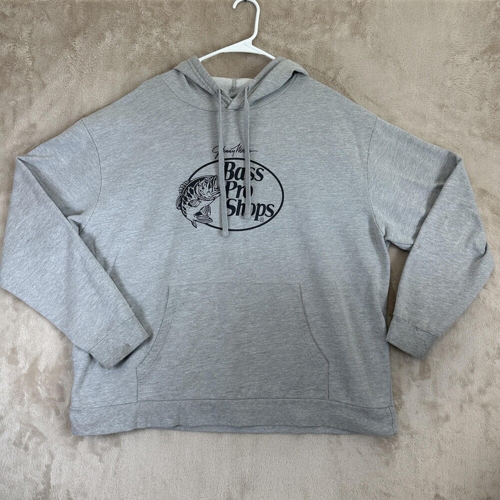 Bass Pro Shops Hoodie Sweatshirt Mens 2XL Gray Johnny Morris Logo Fish Graphic